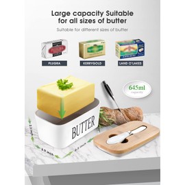 AISBUGUR Butter Dish with Lid Ceramics Butter Keeper Container with Knife and High- quality Silicone Sealing Butter Dishes with Covers Good Kitchen Gift, Set of 2, White