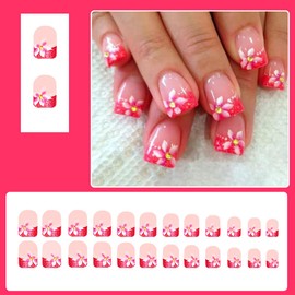 24Pcs French Tip Press on Nails Short Square Fake Nails Flower Rhinestones Cute Acrylic Nails Cherry Blossom Nails Tip Glue on Nails Pink False Nails Spring Summer Artificial Nails Supplies for Women