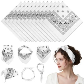 PLULON 12 Pack White Bandanas for Men Women, Paisley Pattern Bandana Bulk Headbands Men Handkerchief Cowboy Face Mask Square Scarf Headwear 100% Polyester