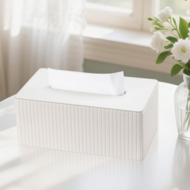 KINGFOM Tissue Box Cover, PU Leather Tissue Box Holder for Home, Office, Car – Rectangle Tissue Boxs for Desk or Vanity Decorative (White, Rectangle)