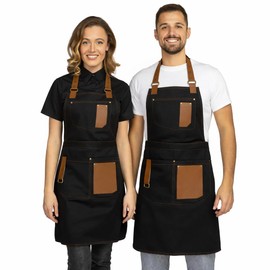 PALLTEX Gerard Cooking Apron Men & Women BBQ Apron - Kitchen Apron with Pockets & Eco Leather - Adjustable Apron for Barista, Cook, Catering & Grill (Black, L/XL)