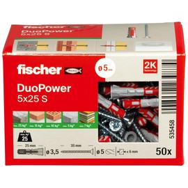 fischer DuoPower 5 x 25 S, Universal Dowels with Safety Screw, 2-Component Dowels, Plastic Dowels for Mounting in Concrete, Bricks, Stone, Plasterboard and Much More, 50 Dowels and 50 Screws