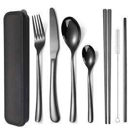 AARAINBOW 6 Pieces Stainless Steel Flatware Set Portable Reusable Cutlery Set Travel Utensils Set Including Chopsticks Knife Fork Spoon Straws Cleaning Brush Dishwasher Safe (7 Black)