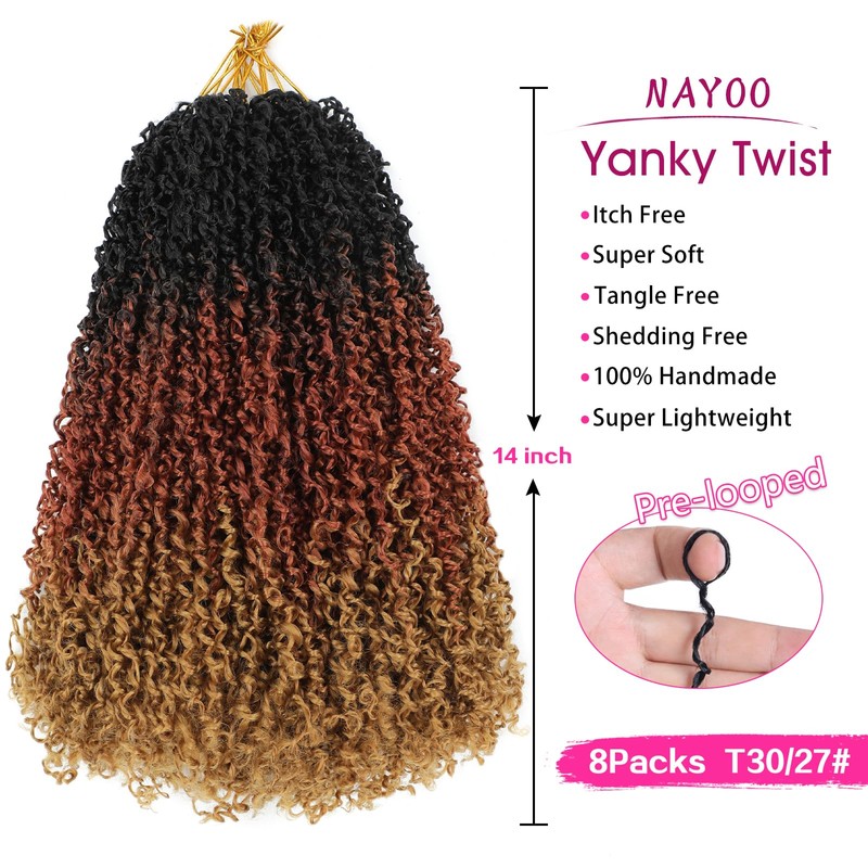 Pre-Looped Yanky Twist Crochet Hair for Black Women,14in,8-Pack,OT30/27