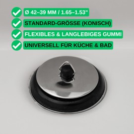 Universal Plugs, Pack of 2, Diameter 42 to 39 mm Top on Bottom, Rubber Drain Plug for 1 1/2 Inch Valve Drain, Diameter 60 mm, Chrome Metal Trim, Drain Plug, Shower Tray, Sink Rubber Plug