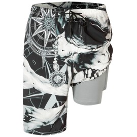 FT FENTENG Bañador para hombre con forro de compresión, diseño vintage de calavera pirata, pantalones cortos de 23 cm de entrepierna, secado rápido, talla XXL