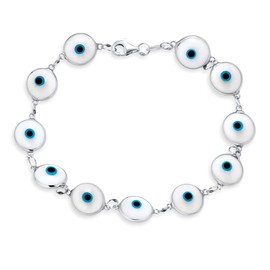 Protection Good Luck Amulet Turkish Glass Bead Evil Eye Bracelet For Women Teen .925 Sterling Silver White 7.5 Inch