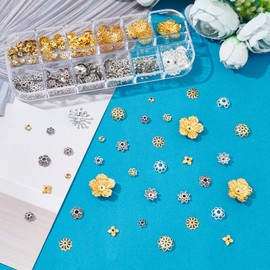 PandaHall 310 pcs Iron Flower Petal Bead 12 Shape Caps Spacer Tibetan Alloy Bead Spacer for Earring Bracelet Necklace DIY Jewellery Making, Gold/Platinum