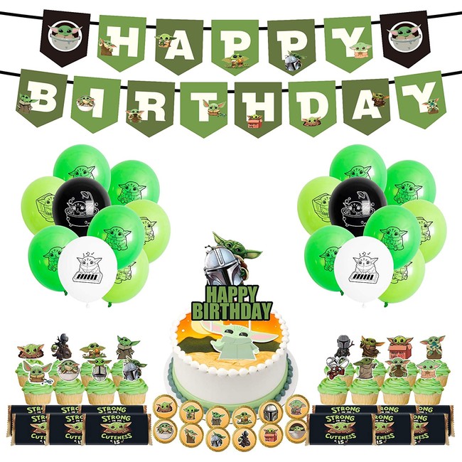 Baby Yoda Party Supplies, 80 Pcs Party Decorations - Banner, Cupcake Toppers, Stickers, Chocolate Lables, Balloons for Star Wars Theme Birthday Party