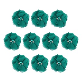 PATIKIL 2" Chiffon Flowers, 10Pcs Fabric Flowers Sewing Appliques Embellishments with Rhinestone Pearl for DIY Crafts Wedding Headbands Party Decoration, Dark Green