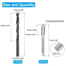 sourcing map Tap and Drill Bit Set, 2pcs 5/16-36 UNS Straight Flute Thread Screw Taps & 2pcs 7.3mm Twist Drill Bits, Uncoated/Black Oxide HSS-6542 Tapping Threading Tool Kit