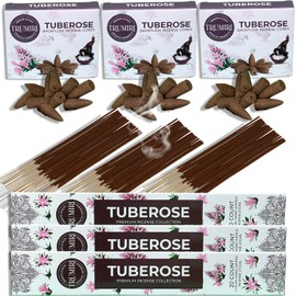 Tuberose Incense Sticks & Backflow Incense Cones for Waterfall Combo Pack - 60 Insence-Sticks + 30 Backflow Cones - Insents - Incense Waterfall Cones - Inscense