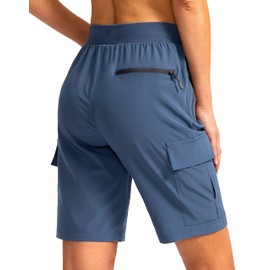 Soothfeel Pantalones cortos tipo cargo para mujer de 9 pulgadas con 5 bolsillos de secado rápido para verano, atlético, golf, bermudas, pantalones cortos largos para mujer, estilo casual, Azul Oscuro, L