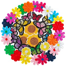 RF-patch 42 Pcs Flower Iron on Patches, Embroidered Butterfly Iron on/Sew on Patches for Clothes, Hats, Dress, Backpacks