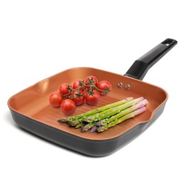 Moss & Stone Square Grill Pan For Indoor Cooking, 9.5In Frying Pan Copper Non-Stick Saute Fry Pan, Induction Copper Pan for Meats & Vegetables, Aluminum Griddle Nonstick Stove Top Grill Pan