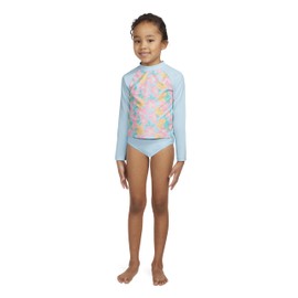 Hurley Girls Long Sleeve Rash Guard 2-Piece Swimsuit, Blue Ice/Floral, 7