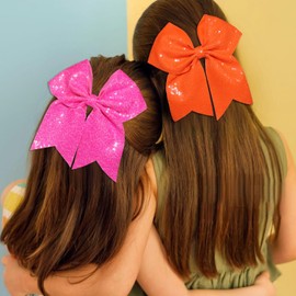 JOYRUBY Glitter Cheer Bow Hair Clip, Large 7 Inch Sequin Hair Bow Clips, Pink Big Bows for Girls Party Hair Accessories for Women Cheerleading Sports Teens Girls (Bright Pink)