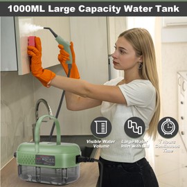 Handheld Steam Cleaner, 1000ml Water Tank, 15S Heat-up Time, Multipurpose Steamer for Home Use, Pressurized Steamer for Cleaning Floor, Upholstery, Grout and Car Green