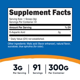 Nutricost D-Aspartic Acid (DAA) Powder 300G (Blue Raspberry) - Flavored D-Aspartic Acid Powder Supplement