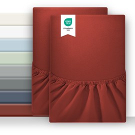 puredown 2 Pack Single Fitted Sheet Size Deep 14 inch (35 cm), Bedding Fitted Sheet Double - Ultra Soft Brushed Microfibre Fabric - Wrinkle Free, Breathable, Fade Resistant,90x190x35cm, Red