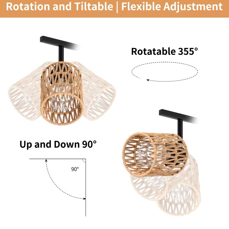 AIBISOD 3-Light Rattan Ceiling Lighting Kits Track Lighting Fixture with