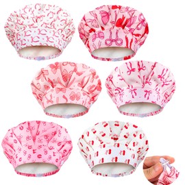 Jadive 6 Pcs Satin Lined Working Hat Coquette Bow Scrub Caps Adjustable Pink Tie Back Cover Hair Bouffant Hats with Button Sweatband for Doctor Nurse (Novelty Style)