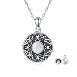MEIDERBO White Opal Locket Necklace 925 Sterling Silver Round Picture Locket Necklace That Holds 2 Pictures Locket Jewelry Gifts for Women
