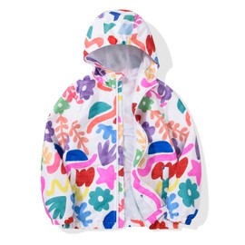 JOYSON Girls Rain Jacket Lightweight Windbreaker Jacket Kids Waterproof Outerwear Raincoat with Hood White Colorful Flower Print 7-8 Years