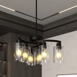 21.7in Matte Black Clear Glass 6-Light Modern Farmhouse Chandelier Hanging Pendant LightShade color: Black, Lamp Power(W): 0-360W (No Bulb), Number of Lights: 6 Bulbs, Product Size: 55*55*139.7cm