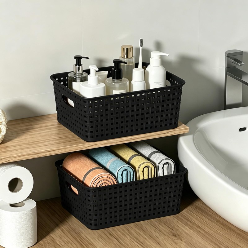 Ewingger Set of 6 Black Plastic Storage Baskets, Small Organzing