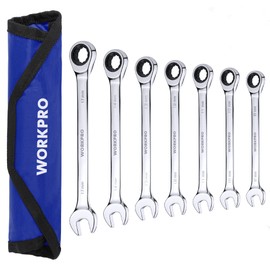 WORKPRO 7-Piece Ratcheting Combination Wrench Set, 72 Teeth, Cr-V Constructed, Combo Ratchet Wrenches Set with Roll Up Pouch, Metric 8mm-17mm