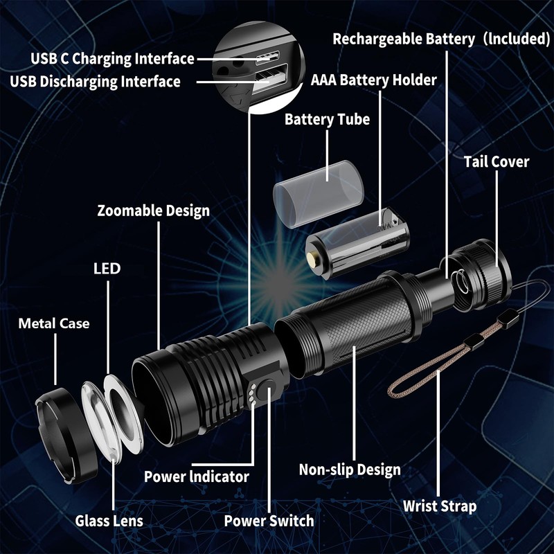 Esgofo Flashlights High Lumens 10000 Rechargeable, Super Bright Handheld LED