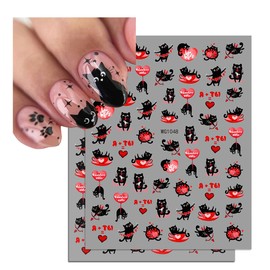 Valentine's Day Black Cats Nail Stickers, 2 Sheets Cute Self-Adhesive Nail Art Decals for DIY Nail Decorations, Black Design for kiss Love Hug