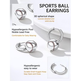 Bestyle Ball Sports Earrings with Football, Basketball, Volleyball, Rugby Ball, Baseball Earrings, 316L Stainless Steel, Men's Women's Hoop Earrings, Gifts for Sports Enthusiasts, Stainless Steel, No