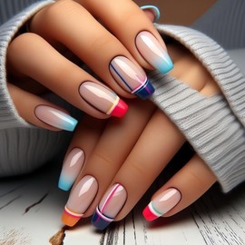 Long Press on Nails French Tip Square Fake Nail Art Colorful Gloss Acrylic Nails Coffin Shaped False Nails Reusable Glue on Nails Full Cover Stick on Nails Cute Manicure Kit for Women 24PCS