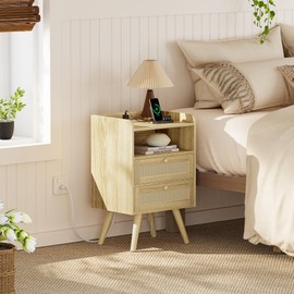 SUPERJARE 2 Drawer Night Stand with Charger Station, Boho Rattan Nightstand Set of 2, 25.2 Inch Tall Bed Side Table with Solid Wood Feet, End Table, Open Storage, Synthetic Rattan, for Dorm, Natural