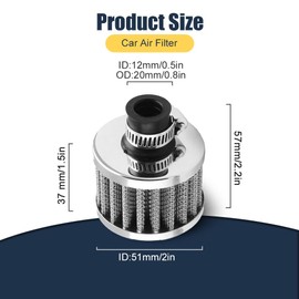 WINUERK Air Filter Cold Air Intake Filter Breather, 12mm Mini Turbo Vent Air Intake Filter Cleaner, Universal Car Accessories Replaces Air Filters Fit for Car Motorcycle Go Kart (Silver)