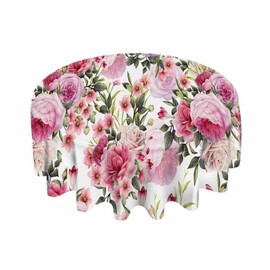 AnBuPan Roses Round Tablecloths 60 Inch Wreath Floral Pink Peony Flowers Bud Leaf Bouquet Elegance Clear Table Cover Protector Fitted Home Kitchen Dinner Outdoor Picnic Party Decorations