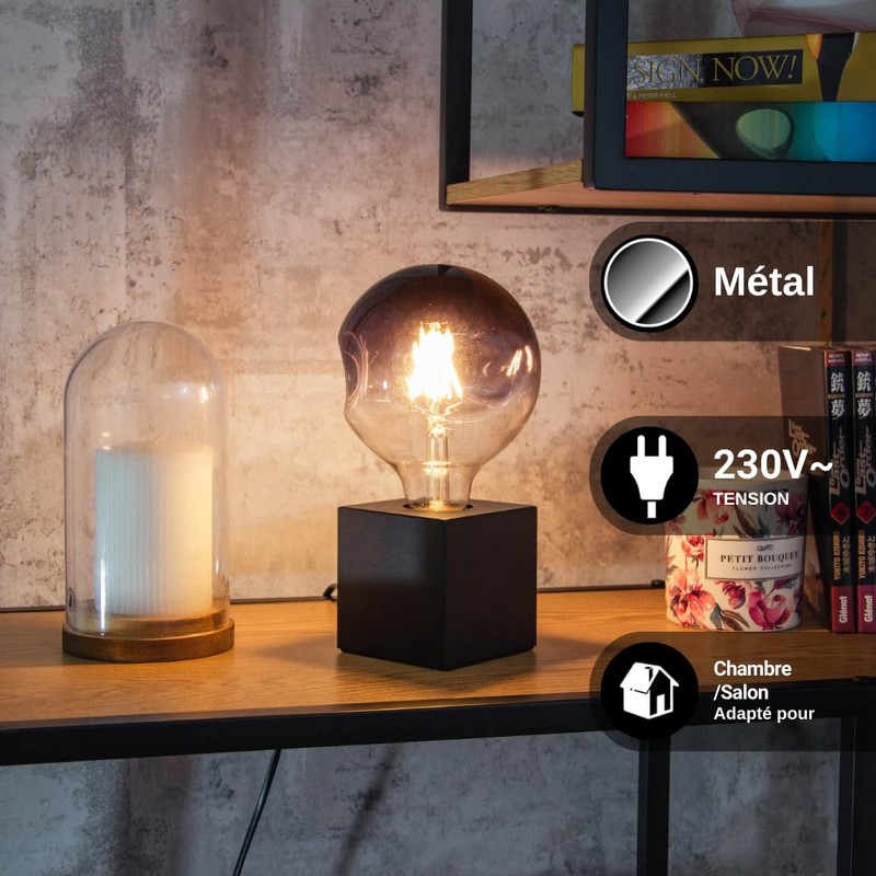 Cube table lamp in black metal, E27 base compatible, IP20,