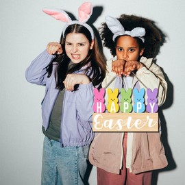 Happy Easter Wooden Sign Happy Easter Wooden Hanging Sign for Front Door Colorful Bunny Sign Welcome Easter Door Sign Rustic Farmhouse Easter Decor for Easter Spring Party Indoor Outdoor Home