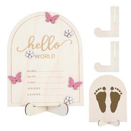 Tyqour Wooden Hello World Newborn Sign Baby Announcement Sign for Baby Showers Pink Butterfly Newborn Birth Announcement Board for Hospital Nursery with Photo Frame And Stand