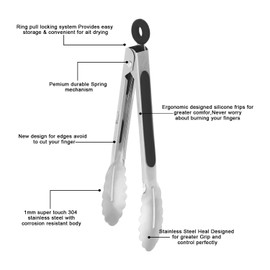 WINPOST Stainless Steel Kitchen Tongs Set of 3-21cm,27cm and 34cm,Stainless Steel and Non-Slip Heat Resistant Handle - Great for Cooking, Salad, Grilling and Barbecue (21cm+27cm+34cm, Black)