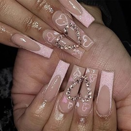 Glitter French Tips Press on Nails Long Square Fake Nails Pink Full Cover Acrylic False Nails with Rhinestone Heart Design Coffin Glue on Nails Artificial Nails for Women Girls Nail Decorations 24Pcs