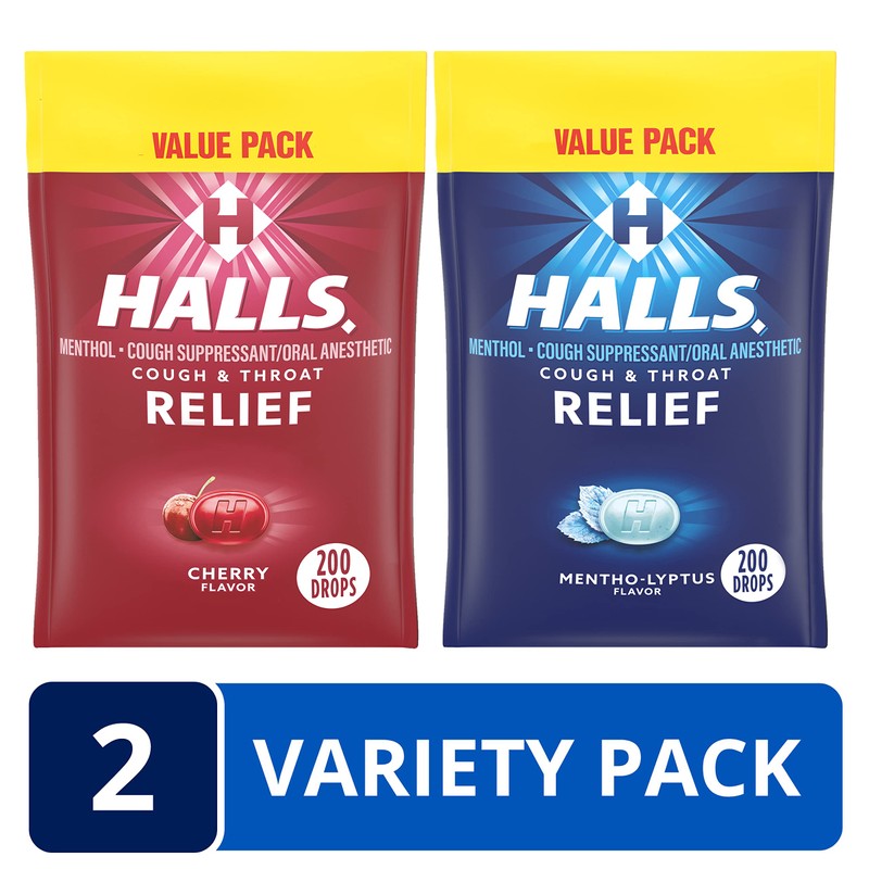 HALLS Relief Variety Pack, Cherry and Mentho-Lyptus Cough Drops, 2