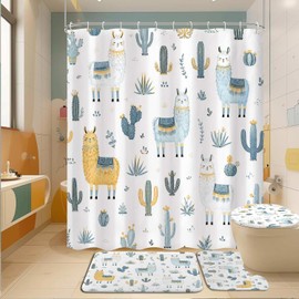 4 Pcs Cute Llama Bathroom Decor, Funny Alpaca Cactus Cartoon Animals Deer Shower Curtain Sets, with Non-Slip Rugs and Accessories, Blue Yellow Shower Curtain with Hooks