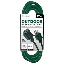 Wintergreen Lighting 16ga Extension Cord Green Outdoor Extension Cord UL Listed, Medium Duty 3-Prong Indoor Outdoor Holiday Extension Cord (12 Ft, Green)
