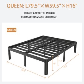 KZZLOL Queen Size Bed Frame Black, 16 Inch Metal Queen Bed Frame No Box Spring Needed, DIY Headboard Holes, Heavy Duty Steel Support 3500 LBS, Noiseless, Round Corner Leg, Storage Space, Easy Assembly
