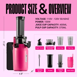Ventray Ginnie Juicer, Compact Small Cold Press Juicer, Slow Masticating Juicer with 60RPM Low Speed,Space-Saving Juice Extractor, Easy to Clean, Nutrient Vitamin Dense, Eco-Friendly Packaging- Pink