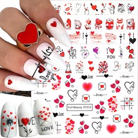 12 Sheets Valentine's Day Nail Stickers Heart Water Transfer Nail Decals Bear Lips Love Letter Hearts Design DIY Valentines Nail Art Supplies Cute Heart Nails Art Sticker for Women Girls Acrylic Nails
