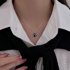 Cute Puppy Dog Paw Print Pendant Necklace 925 Sterling Silver Enameled Cat Kitten Animal Pet Adjustable Necklaces Dainty Birthday Christmas Jewelry Gifts for Women 18" Chain (Black)